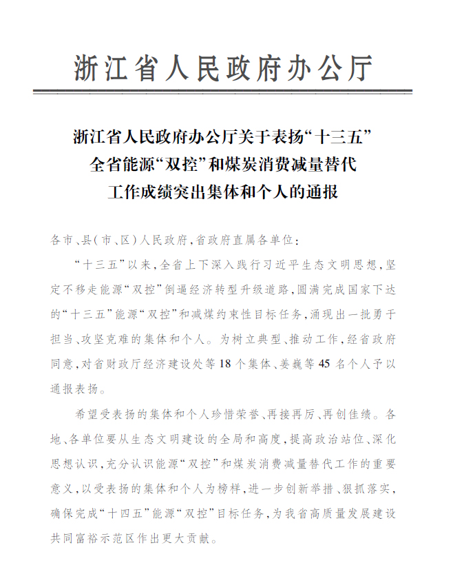 j9九游国际真人永嘉公司付金轩获“浙江省能源‘双控’工作成绩突出个人”表彰